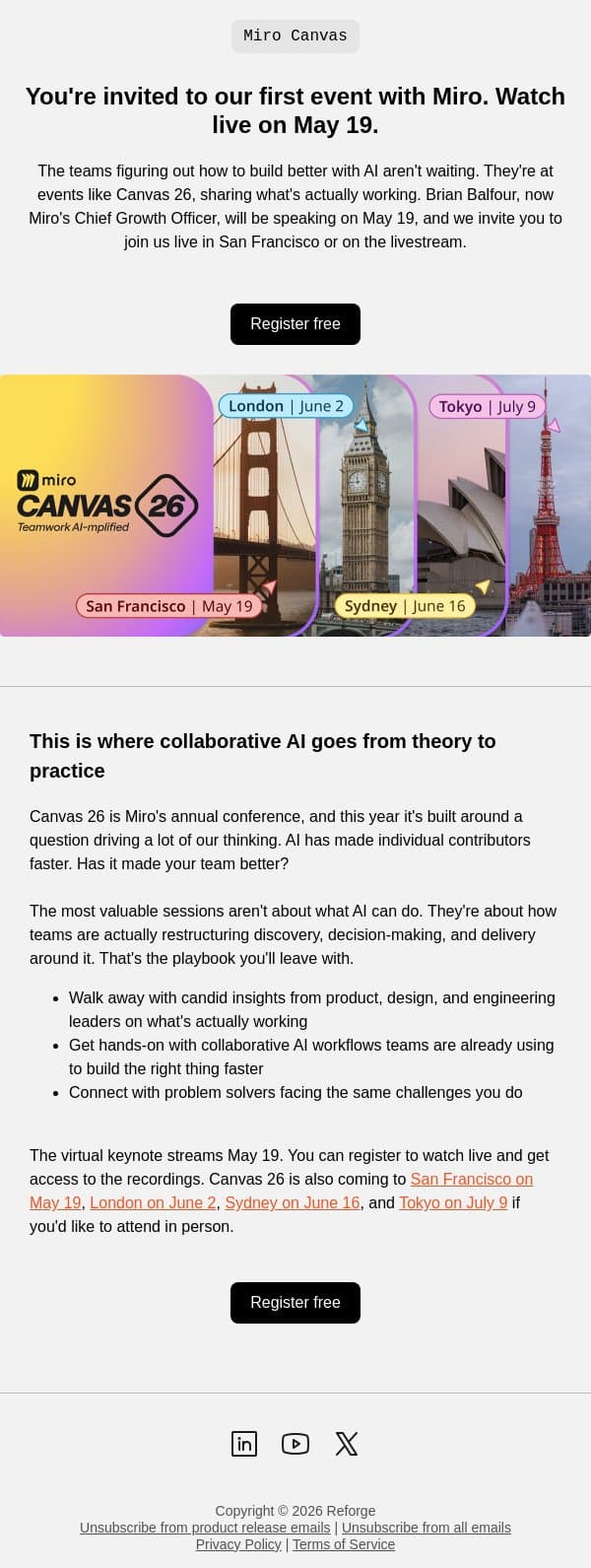 You're invited to Miro Canvas 2026: Turn fast people into fast teams email from Reforge screenshot