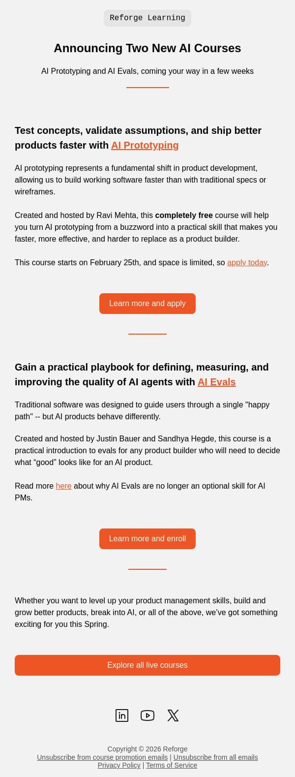Announcing Two New Courses: AI Prototyping and AI Evals email from Reforge screenshot