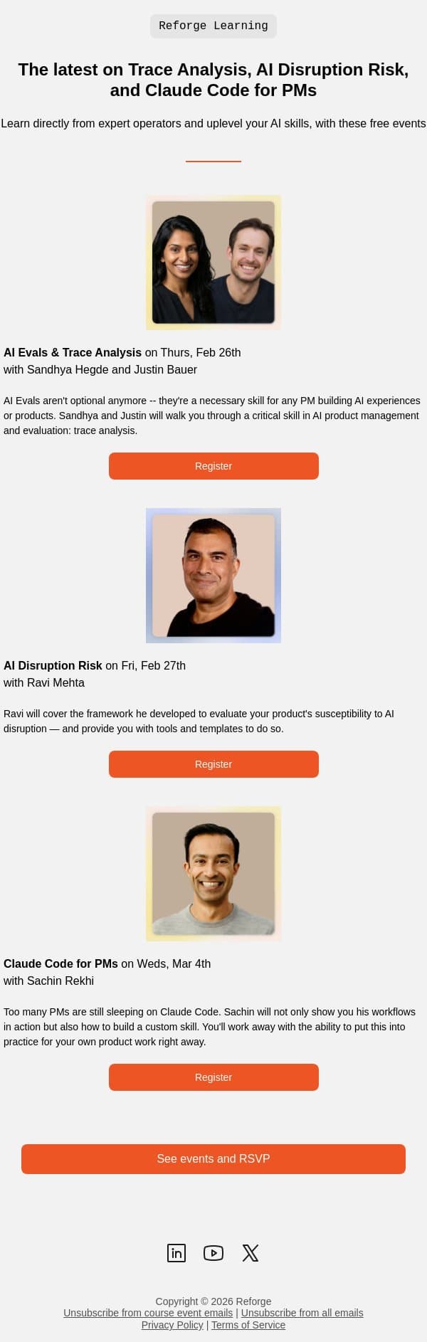 The latest on Trace Analysis, AI Disruption Risk, and Claude Code for PMs email from Reforge screenshot