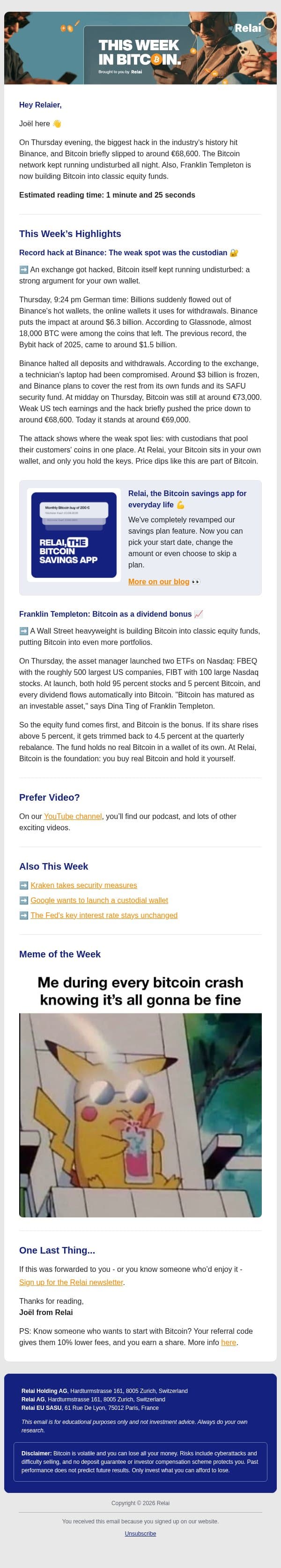 🔵 Binance Hacked, Bitcoin Keeps Running: What It Means for You email from Relai screenshot