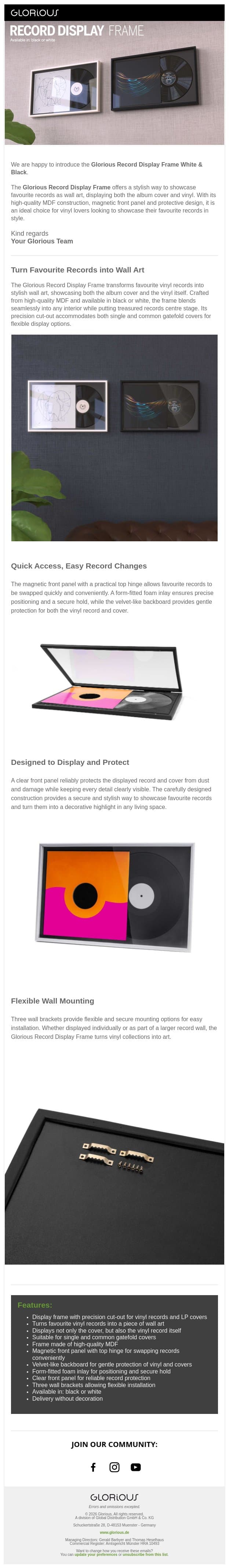 NEW: Glorious Record Display Frame White & Black email from Reloop screenshot