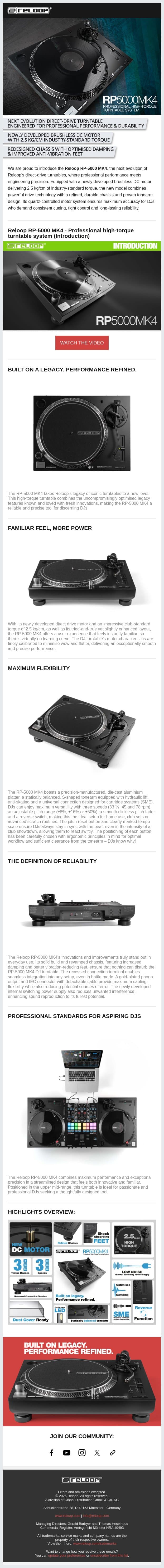 NEW:Reloop RP-5000 MK4 - Professional high-torque turntable system email from Reloop screenshot