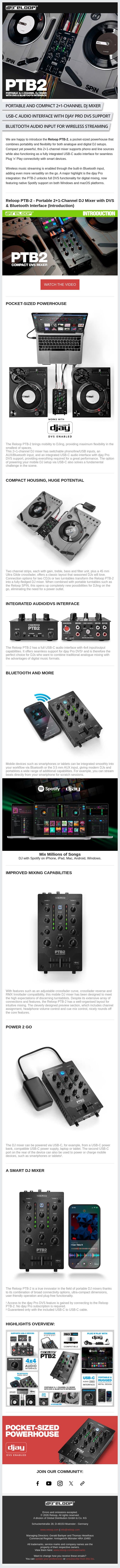 NEW: Reloop PTB-2 - Portable 2+1-Channel DJ Mixer with DVS & Bluetooth Interface email from Reloop screenshot