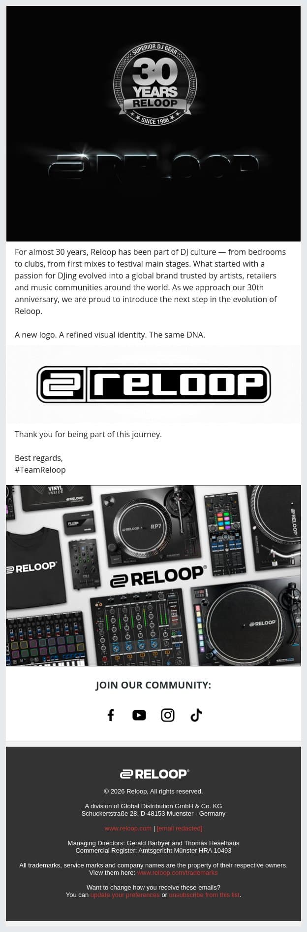 A new logo. A refined visual identity. The same DNA. email from Reloop screenshot