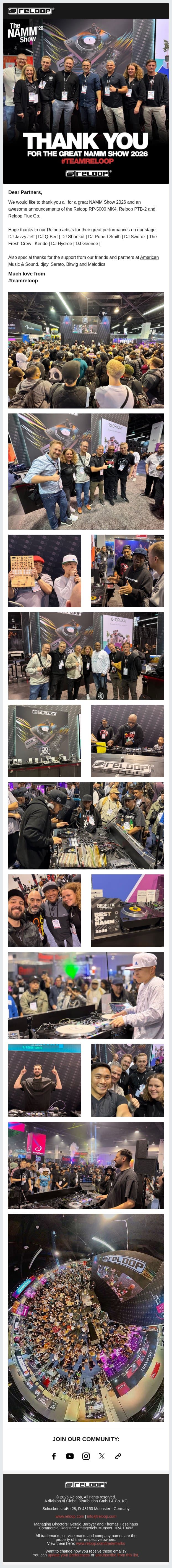 Thank you for the great NAMM Show 2026 email from Reloop screenshot