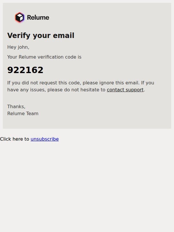 Verify your email email from Relume screenshot