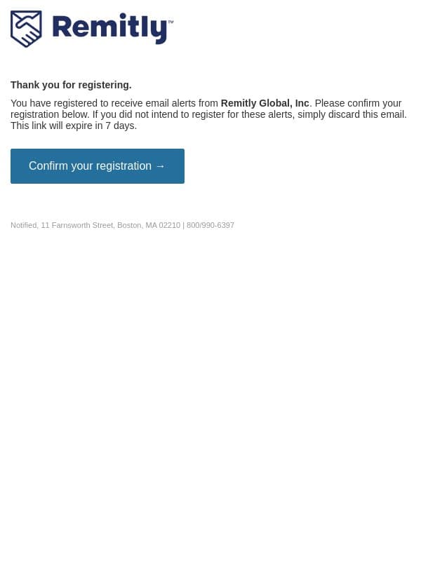 Please confirm your email alert subscriptions for Remitly Global, Inc email from Remitly screenshot