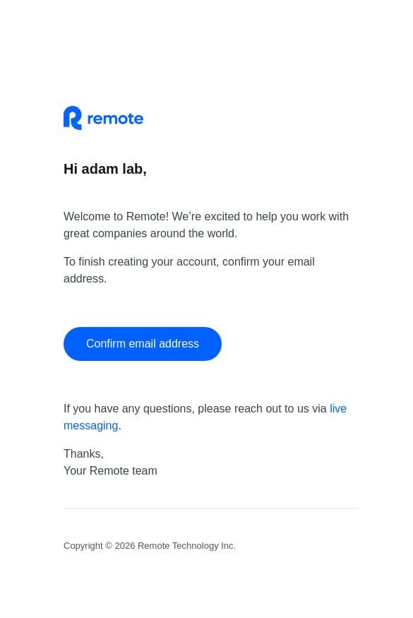 Confirm your email address for Remote email from Remote screenshot