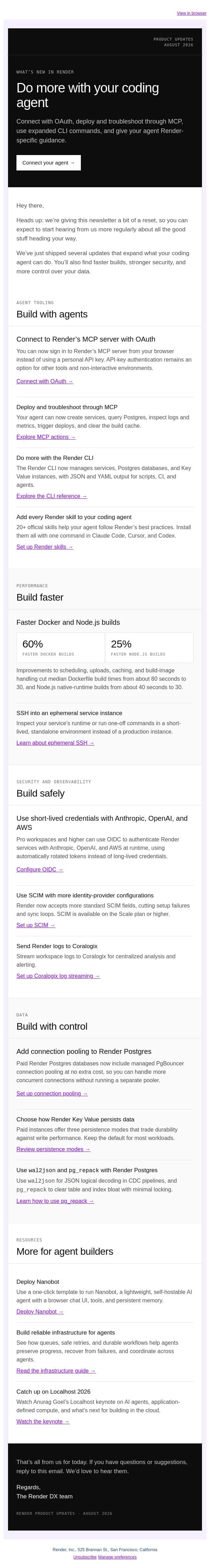 ⚡ New in Render: Do more with your coding agent email from Render screenshot