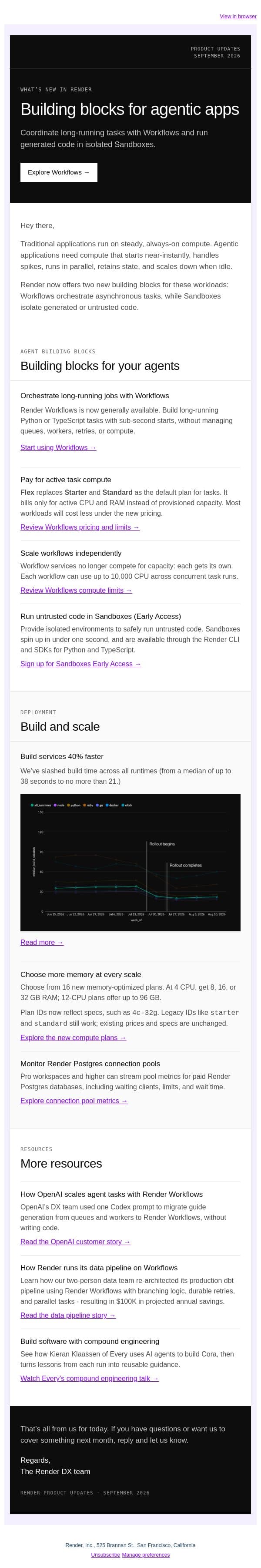 ⚡ New in Render: Building blocks for agentic apps email from Render screenshot