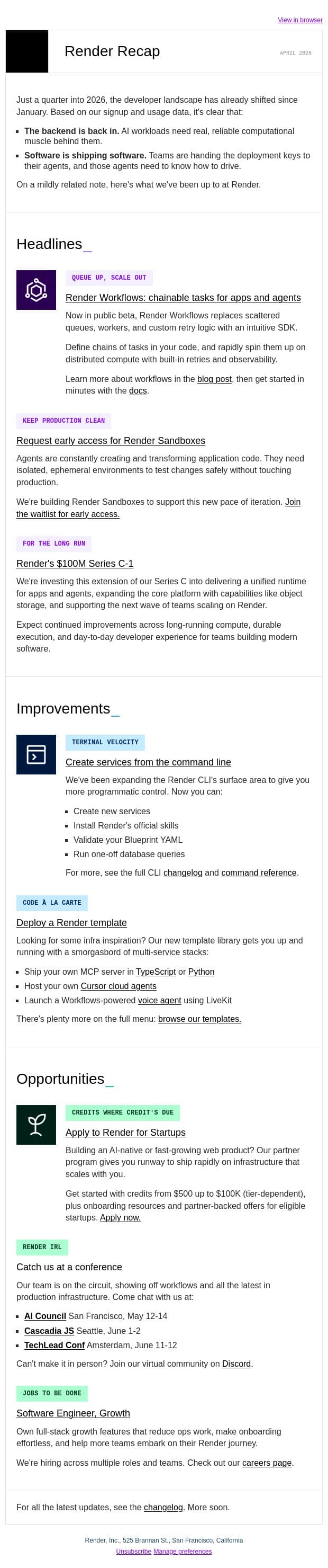 Workflows beta, startup credits, sandboxes waitlist email from Render screenshot