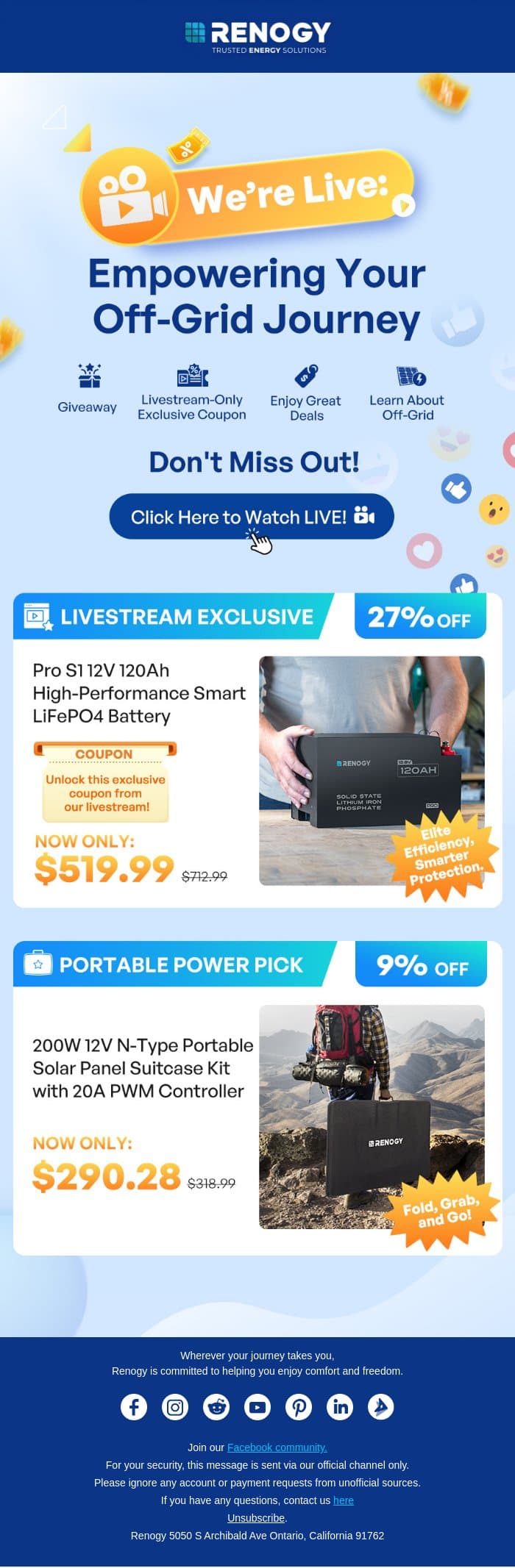 Renogy Livestream is Starting Now! email from Renogy screenshot