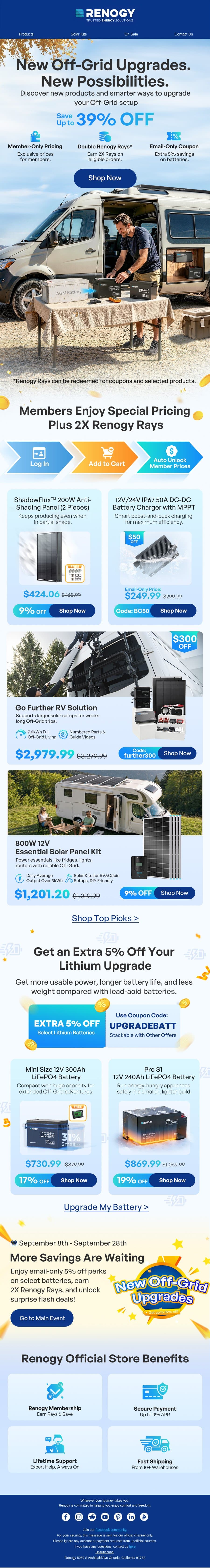 Upgrade Your Off-Grid Setup. Save up to 39%. email from Renogy screenshot
