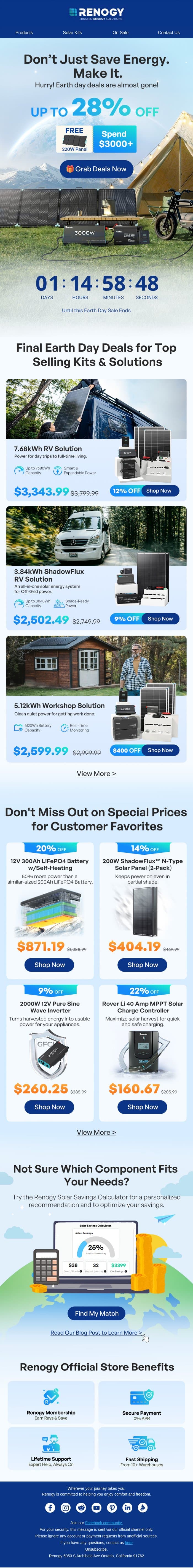 2 Days Left to Save up to 28% OFF on Earth Day Deals. email from Renogy screenshot
