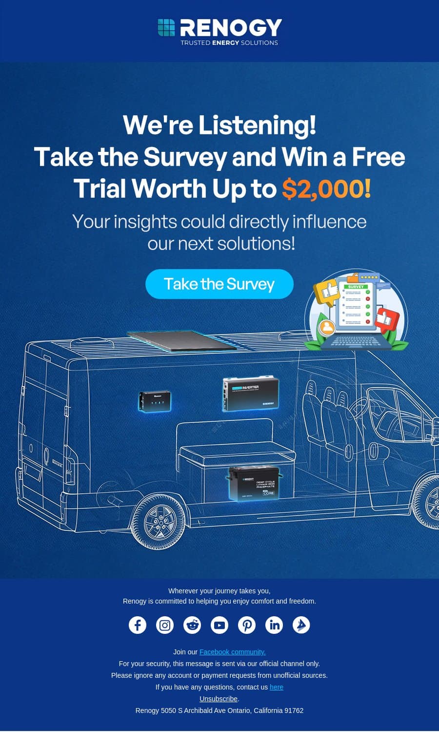 Win Up to $2,000 Free Trial – We Want Your Feedback! email from Renogy screenshot
