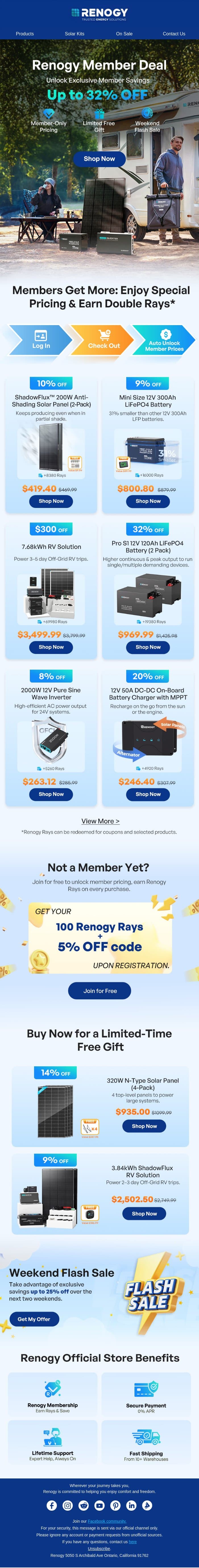 Renogy Member Deal: Unlock Up to 32% OFF Exclusive Savings email from Renogy screenshot