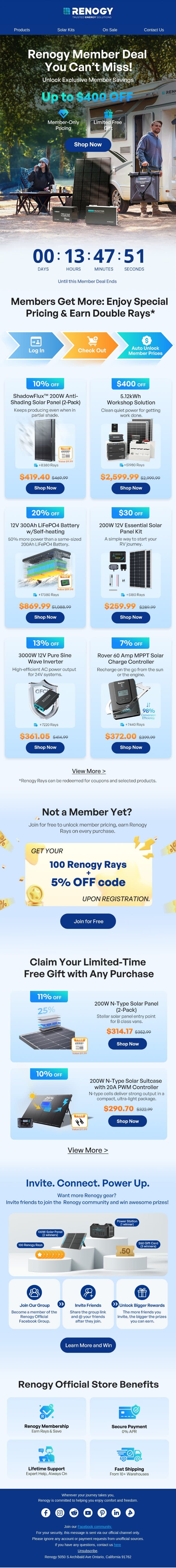 Last Call for Renogy's Member Deal, up to $400 OFF! email from Renogy screenshot