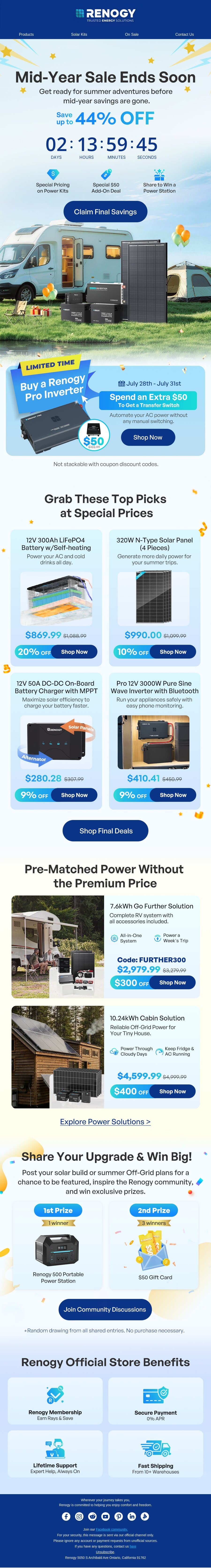 Mid-Year Sale Ends Soon | Save up to 44% email from Renogy screenshot