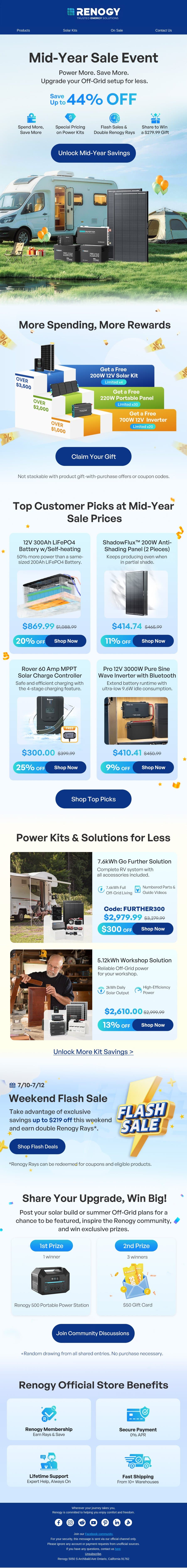 Up to 44% off: Mid-Year Savings Are Here email from Renogy screenshot
