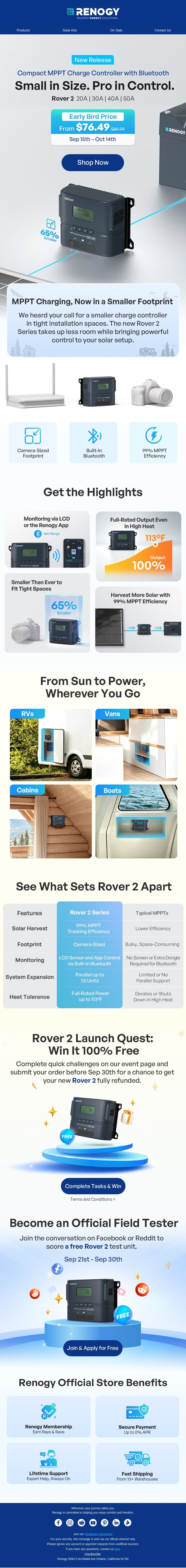 Our New Renogy Rover 2 is Here email from Renogy screenshot