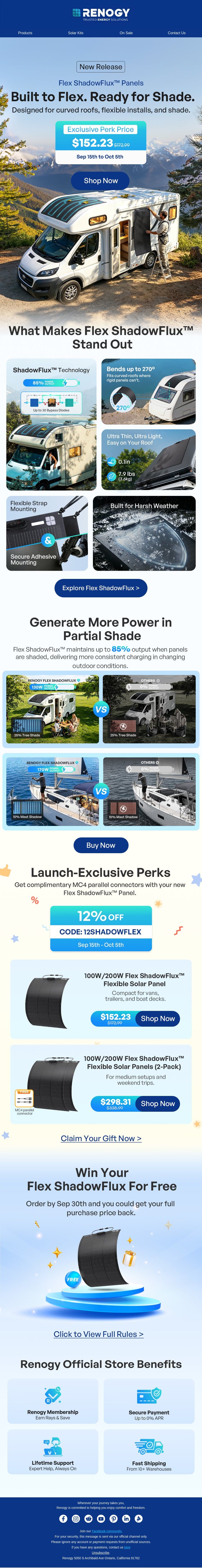 New Launch: Flex ShadowFlux™ Solar Panels Are Finally Here email from Renogy screenshot