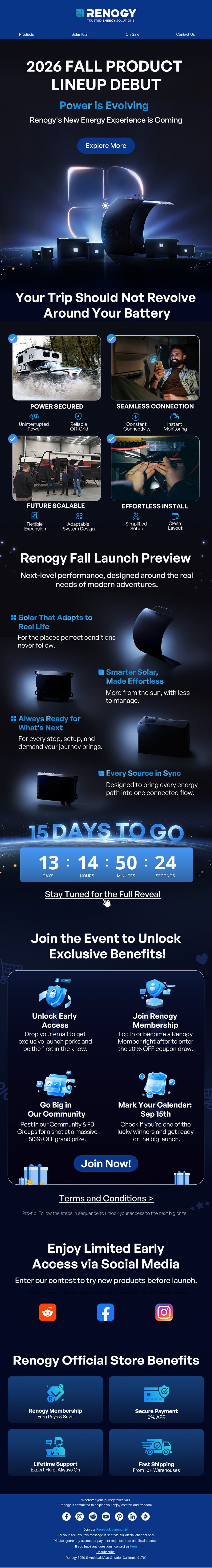 Power is Evolving. 4 New Products. 15 Days to Go. email from Renogy screenshot