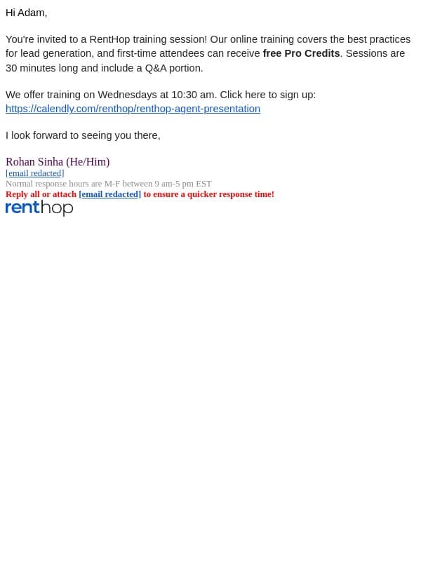Attend RentHop Training email from RentHop screenshot