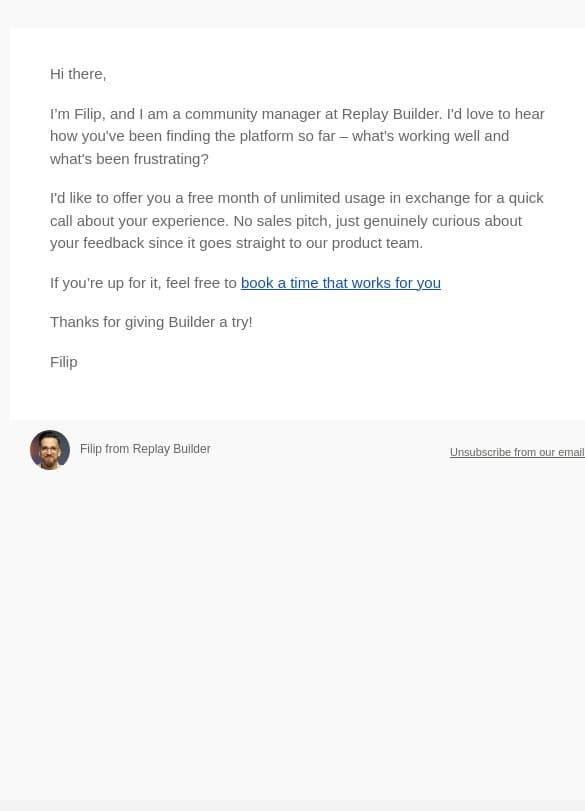 What are you creating with Replay Builder? email from Replay screenshot