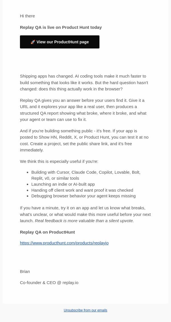 Replay QA is live on Product Hunt today 🚀 email from Replay screenshot