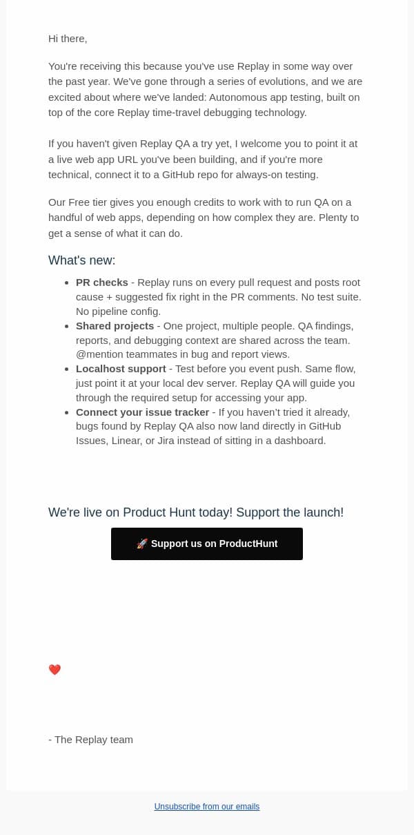 🚀 We're live on ProductHunt and could use your support. email from Replay screenshot