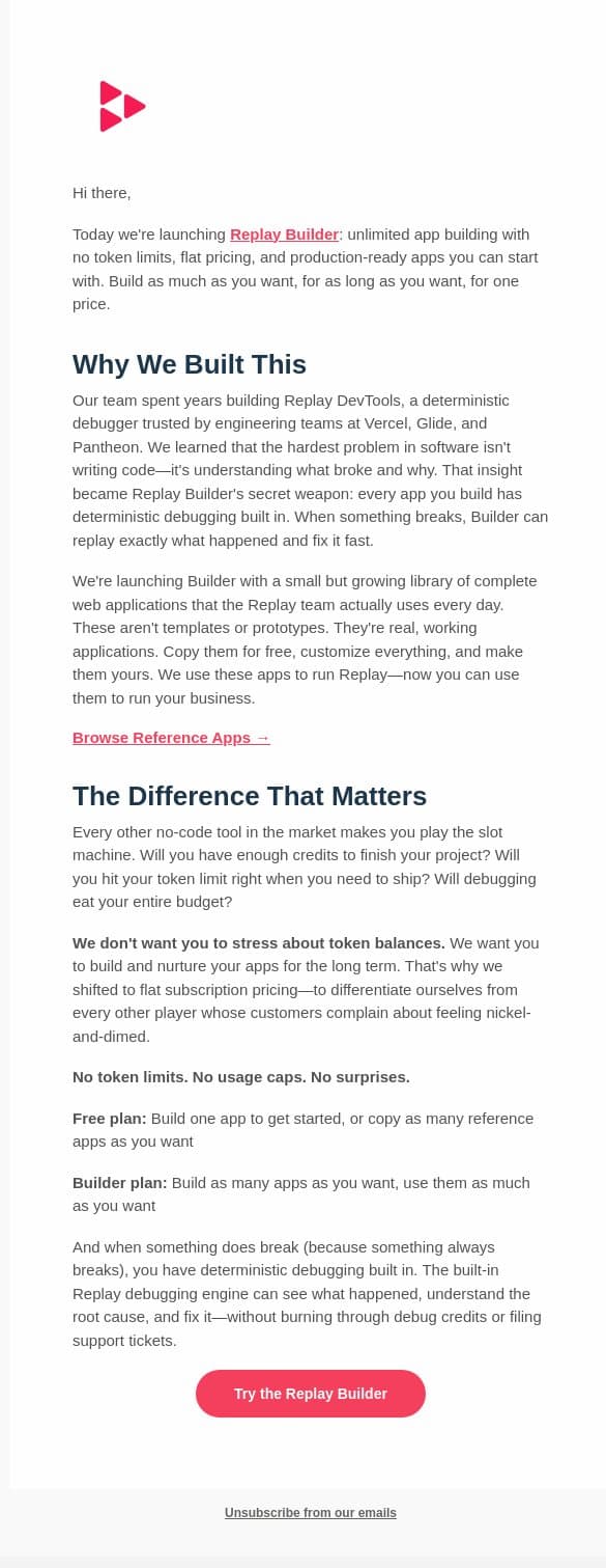 Changelog 73: Introducing Replay Builder email from Replay screenshot