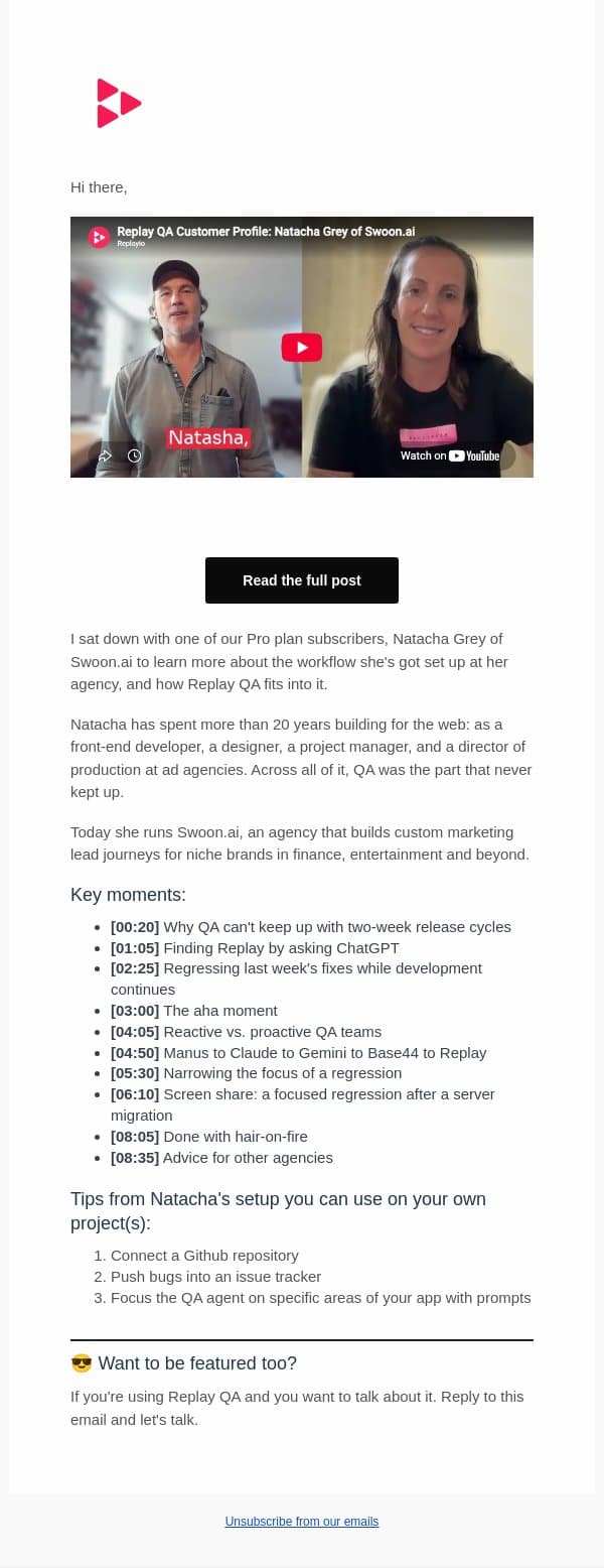 Replay QA customer profile: Natacha Grey of Swoon.ai (👀 you'll want to watch this) email from Replay screenshot