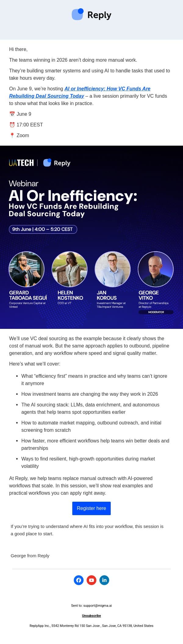 [Webinar] How VC funds are rebuilding deal sourcing in 2026 email from Reply.io screenshot