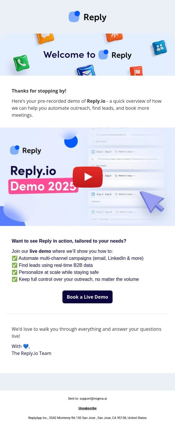 Watch Your Pre-Recorded Demo of email from Reply.io screenshot