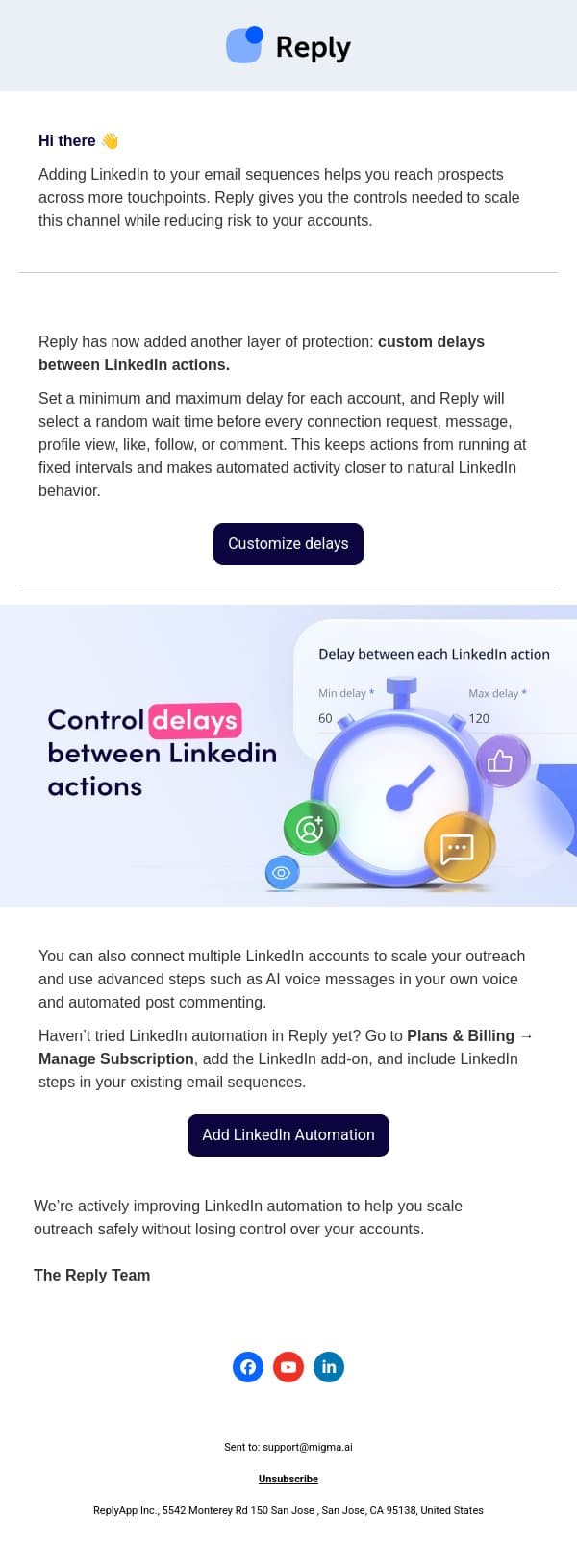 More control over LinkedIn automation in Reply email from Reply.io screenshot