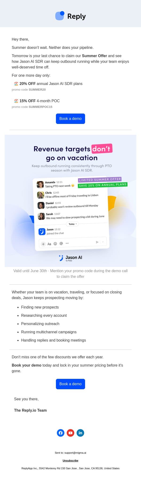 Last chance: Summer offer ends tomorrow ☀️ email from Reply.io screenshot