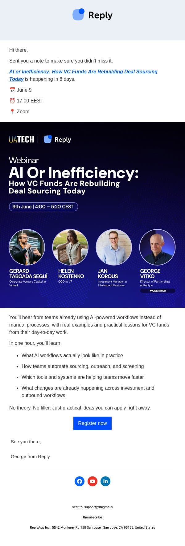 [Webinar] 6 days left to see how top VC funds are replacing manual sourcing email from Reply.io screenshot