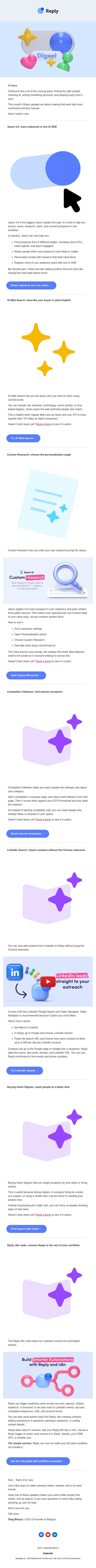 1 AI SDR × 7 updates = fewer messy handoffs email from Reply.io screenshot
