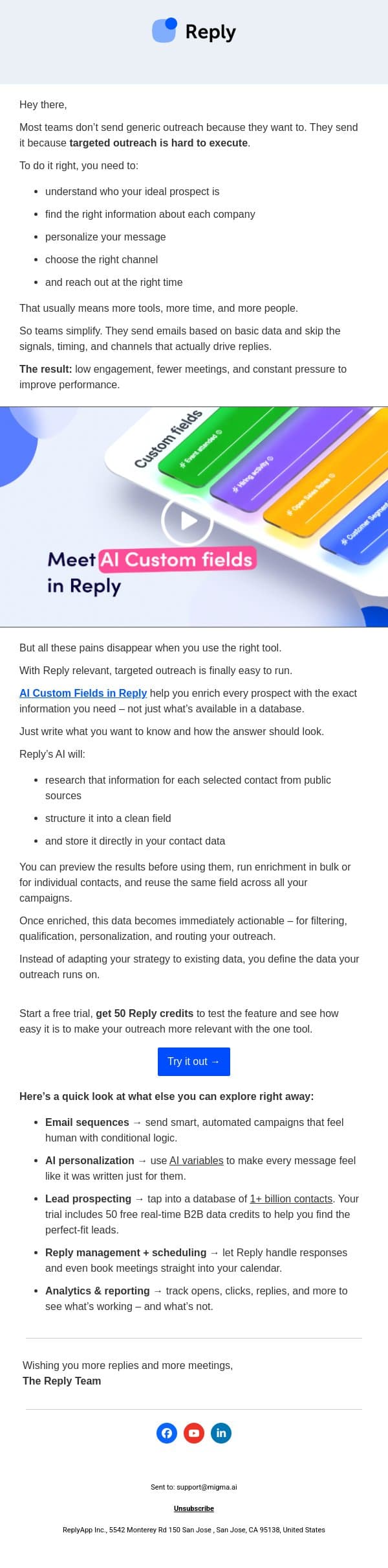 🎯 Targeted outreach, without the overhead it used to require email from Reply.io screenshot