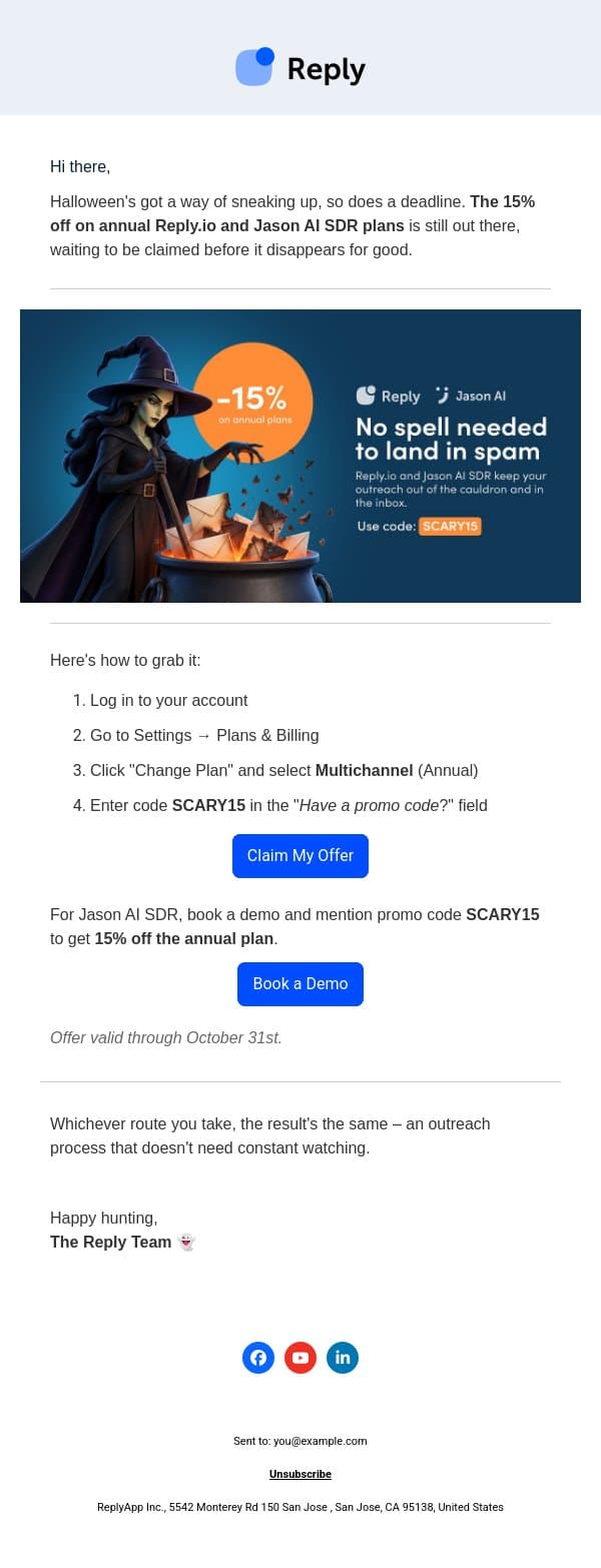 🎃 Your Halloween treat is still unclaimed email from Reply.io screenshot