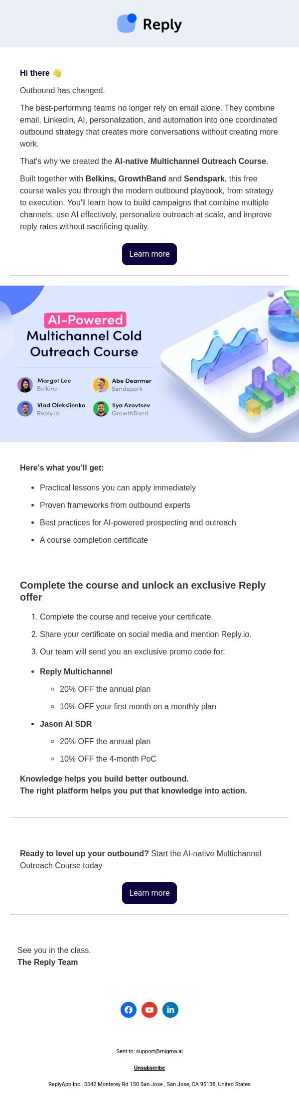 Master AI-native multichannel outreach and unlock an exclusive offer email from Reply.io screenshot
