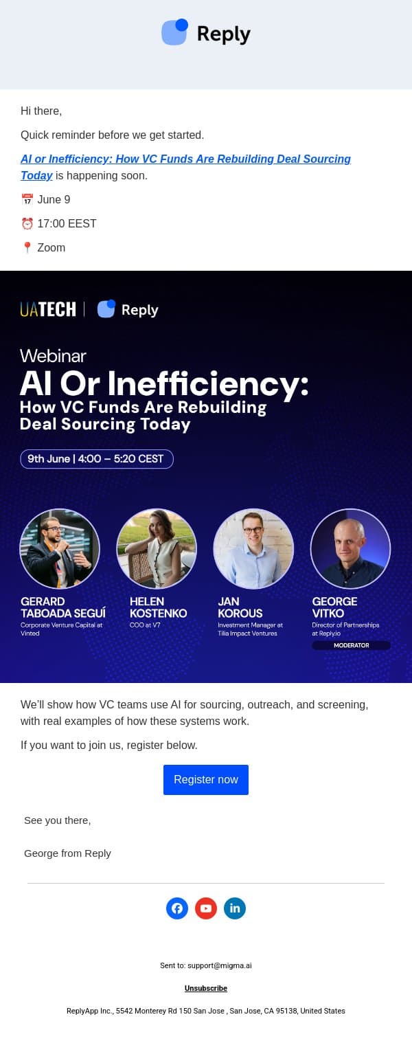 [Webinar] 1 day to see how VC funds are using AI today email from Reply.io screenshot