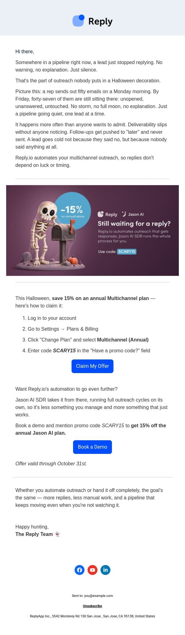Less boo, more BOOked 🎃 15% off Reply.io + Jason AI SDR email from Reply.io screenshot