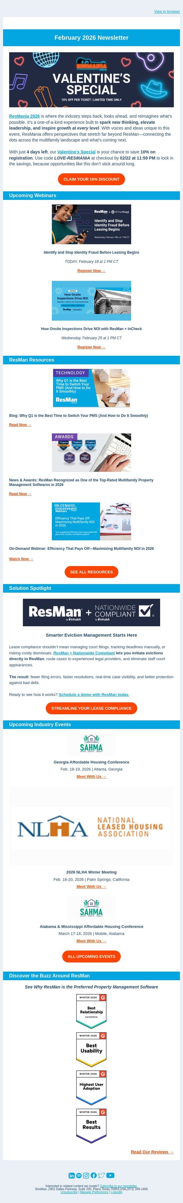 Multifamily Heartbeat | ResMan Newsletter (February 2026) email from ResMan screenshot