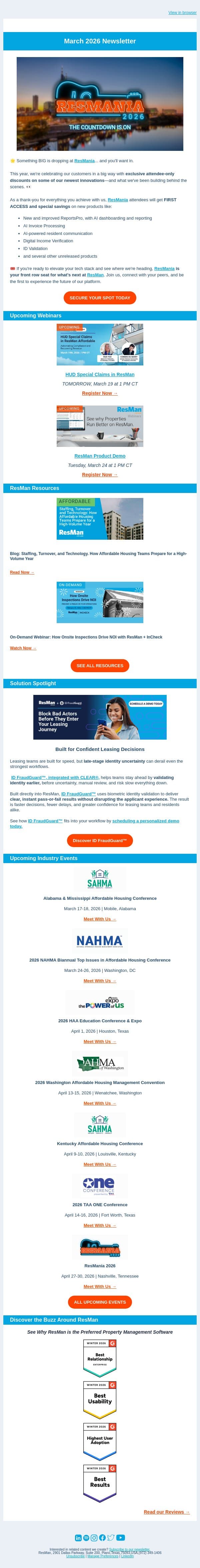 Multifamily Heartbeat | ResMan Newsletter (March 2026) email from ResMan screenshot