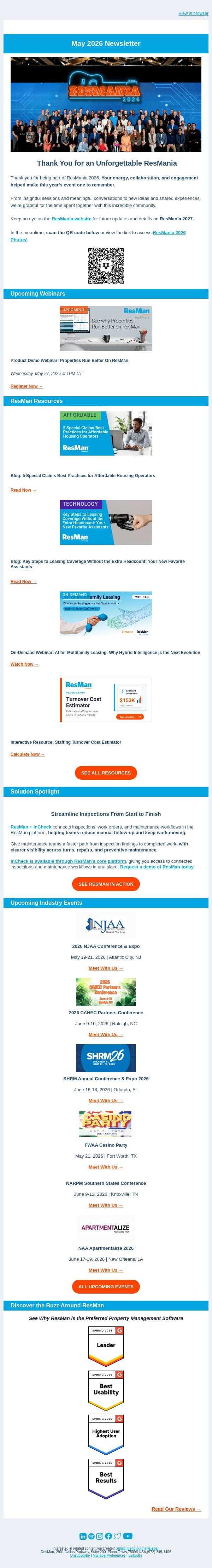Multifamily Heartbeat | ResMan Newsletter (May 2026) email from ResMan screenshot