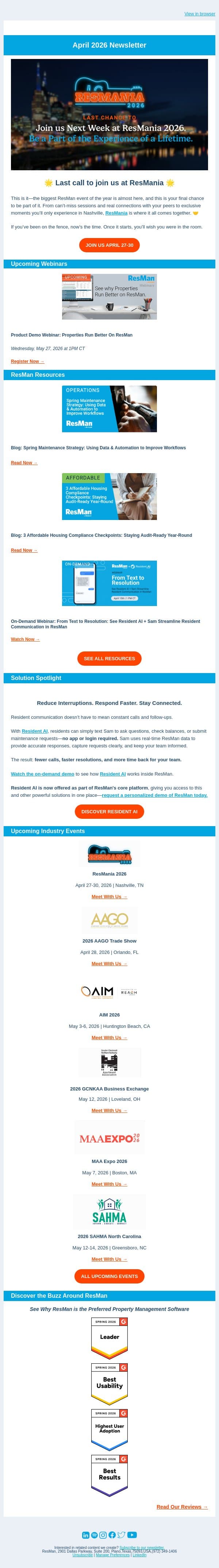 Multifamily Heartbeat | ResMan Newsletter (April 2026) email from ResMan screenshot