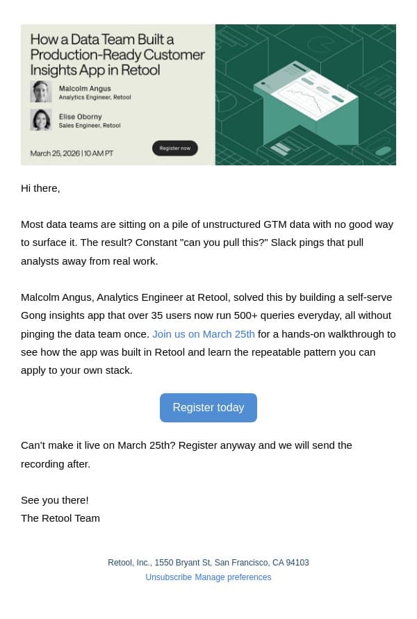 How a Data Team Built a Production-Ready Customer Insights App in Retool​​ email from Retool screenshot