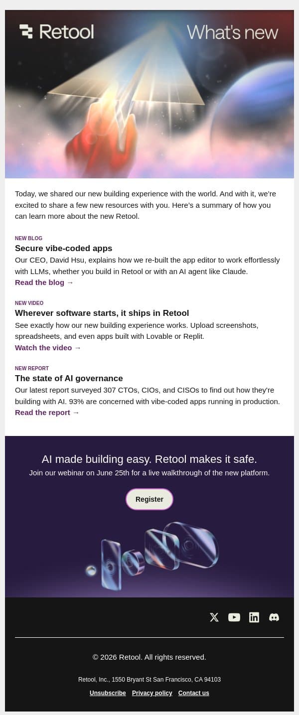 AI made building easy, Retool makes it safe email from Retool screenshot