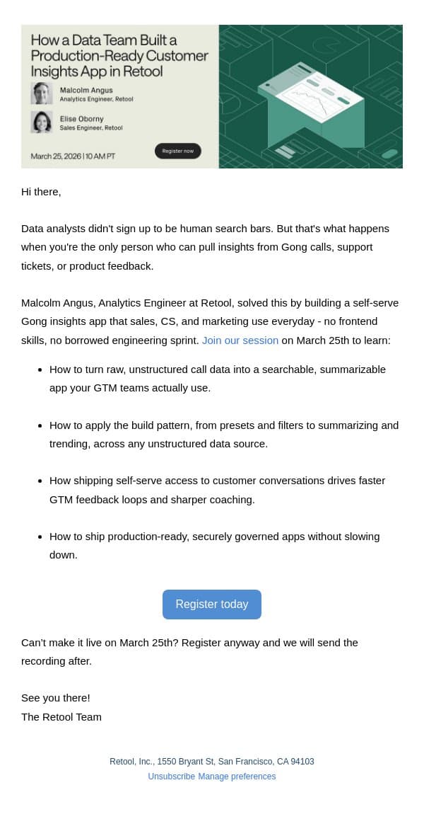 [Wednesday] How a Data Team Built a Customer Insights App in Retool​​ email from Retool screenshot